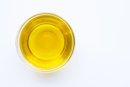 Olive oil bowl isolated on white. Top view, Copy space