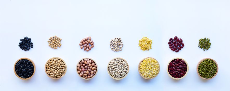 Mixed beans, Different legumes isolated on white background.
