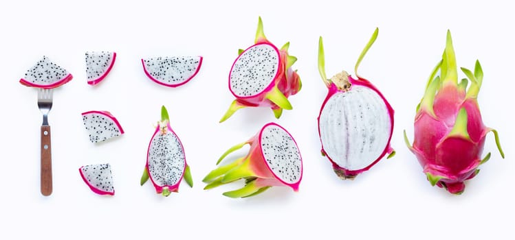 Set of dragon fruit, pitaya isolated on white background.