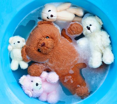 Soak toy bears in laundry detergent water dissolution before washing.  Laundry concept, Top view