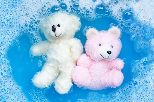 Soak  two toy bears in laundry detergent water dissolution before washing.  Laundry concept, Top view