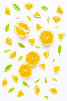 High vitamin C, Juicy and sweet. Fresh orange fruit with green leaves  on white background