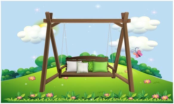 mock up illustration of hanging wooden chair with cushion in a garden