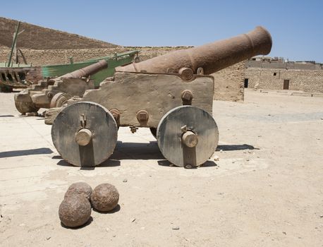 Old abandoned napoleonic canons at an abandoned roman fort in El Quseir Egypt