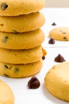 Freshly baked chocolate lava cookies on wooden background.