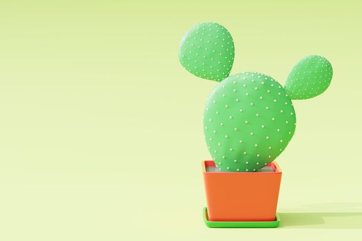 Cactus in cartoon minimal style with light green background. It is a plant that lives in the western desert. Concept of lover cactus. Copy space for your article on the left. 3D illustration rendering