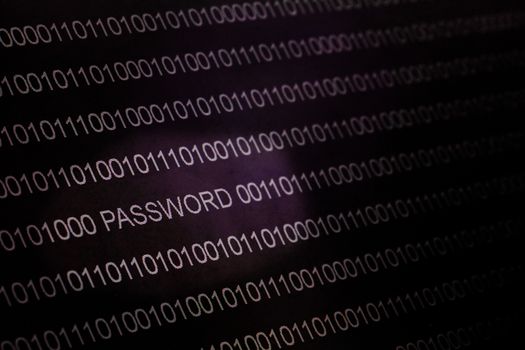 Binary code, password on LCD-screen, selective focus