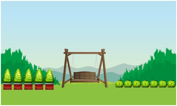 mock up illustration of hanging wooden chair in a garden