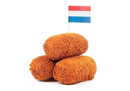 Brown crusty dutch kroketten with dutch flag, isolated on a white background