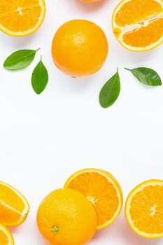 Orange with green leaves isolated on white background. Copy space