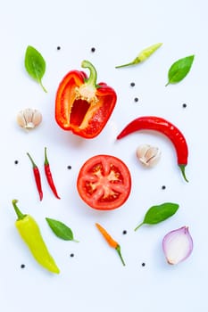 Various fresh vegetables and herbs on white background. Food and cooking ingredients, Healthy eating concept