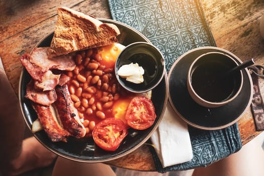 Breakfast set on old wood vintage table background.