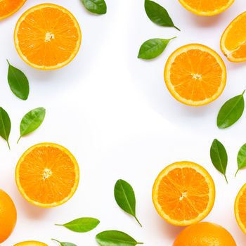 Frame made of fresh orange citrus fruit with leaves isolated on white background. Juicy and sweet. Copy space