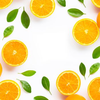 Frame made of fresh orange citrus fruit with leaves isolated on white background. Juicy and sweet. Copy space