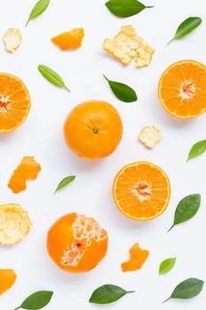 High vitamin C. Fresh mandarin orange with leaves on white background. Juicy and sweet 
