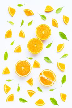 High vitamin C, Juicy and sweet. Fresh orange fruit with green leaves  on white background