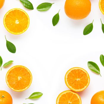 Frame made of fresh orange citrus fruit with leaves isolated on white background. Juicy and sweet. Copy space