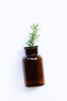 Fresh rosemary leaves in glass bottle on  white background. Top view