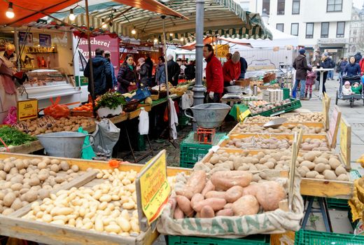 Brunswick, Lower Saxony, Germany, January 27,2018: Sales stand for vegetables and potatoes at the Old Town Market Square