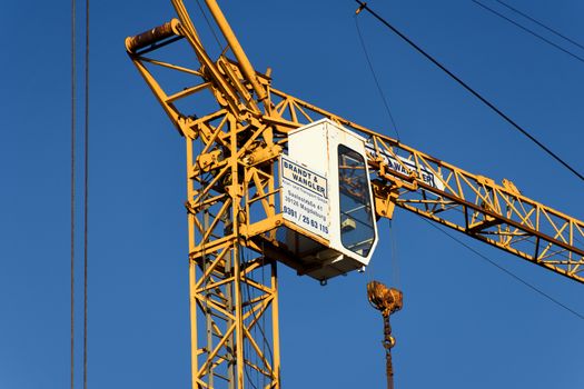 Gifhorn, Lower Saxony, Germany, December 29, 2017:Zoom view of the cab of a construction crane on a construction site