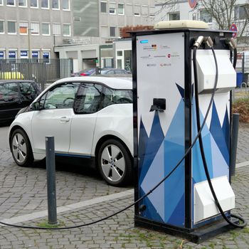 Brunswick, Lower Saxony, Germany, January 27,2018: Charging station for electric cars in Brunswick, Germany.