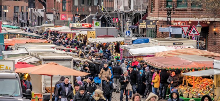 Hamburg, Germany, December 10th 2017: Market stalls and people at the fish market in Hamburg