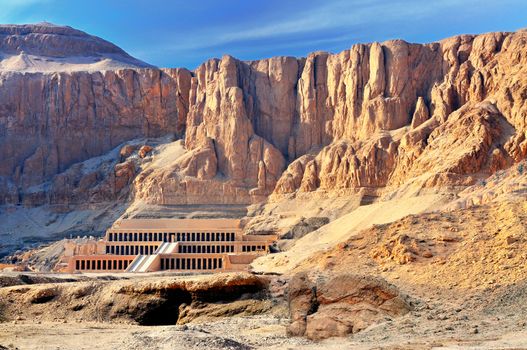 The Hatshepsut temple in the Valley of the Kings, in Egypt, late in the evening, just before the sunset