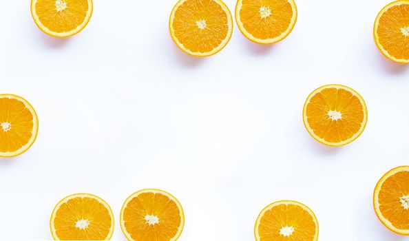 High vitamin C,Juicy and sweet. Frame made of fresh orange fruit on white background.
