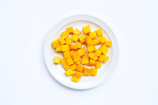 Tropical fruit, Mango cube slices on white background.