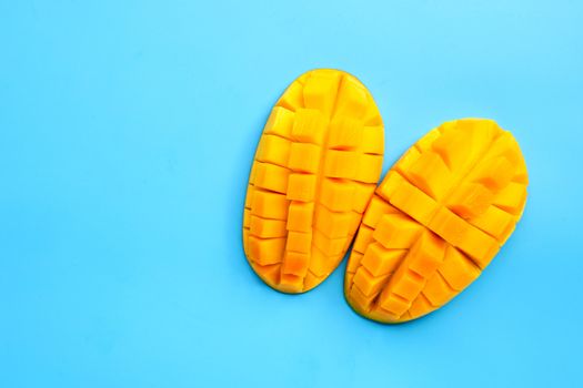 Tropical fruit, Mango  on blue background. Copy space