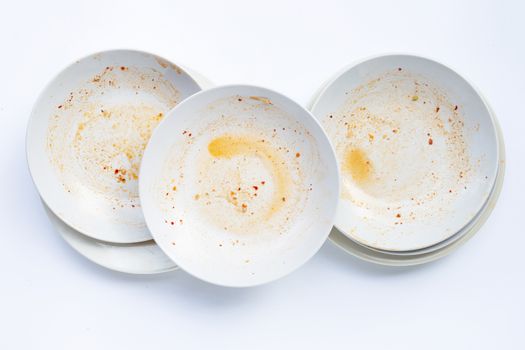 Dirty dishes on white background. Top view