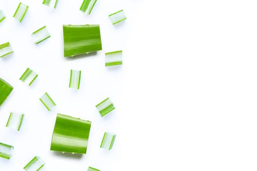 Aloe Vera cut pieces with slices on white background. Copy space