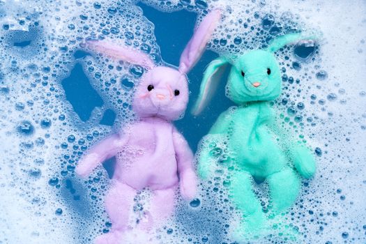Soak rabbit dolls in laundry detergent water dissolution before washing.  Laundry concept, Top view