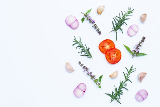 Cooking ingredients, Various fresh vegetables and herbs on white background. Healthy eating concept