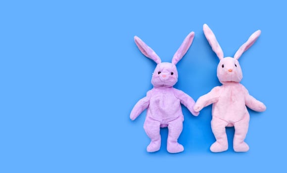 Rabbit toy couple on blue background. Copy space