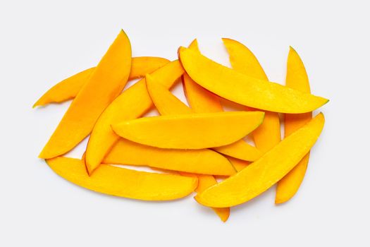 Tropical fruit, Mango slices on white background. Top view
