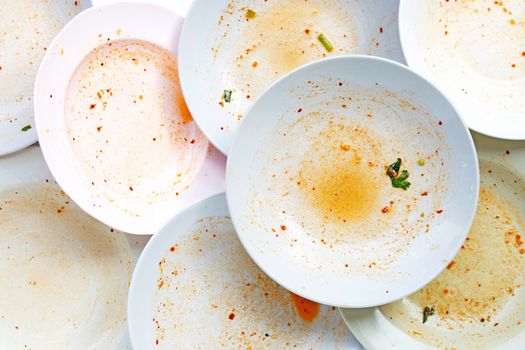 Dirty dishes on white background. Top view