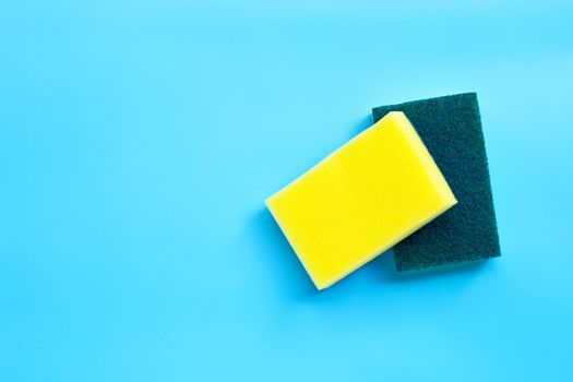 Scrub sponges on white background. Copy space, Top view