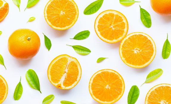 High vitamin C, Juicy and sweet. Fresh orange fruit with green leaves  on white background