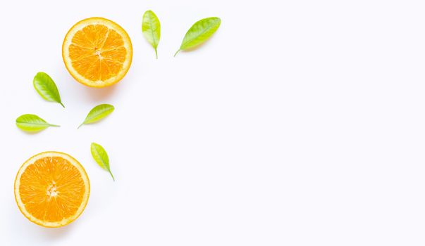 High vitamin C, Juicy and sweet. Fresh orange fruit with green leaves  on white background