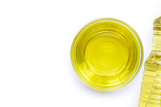 Soybean oil in a glass bowl on white backgraund. Copy space