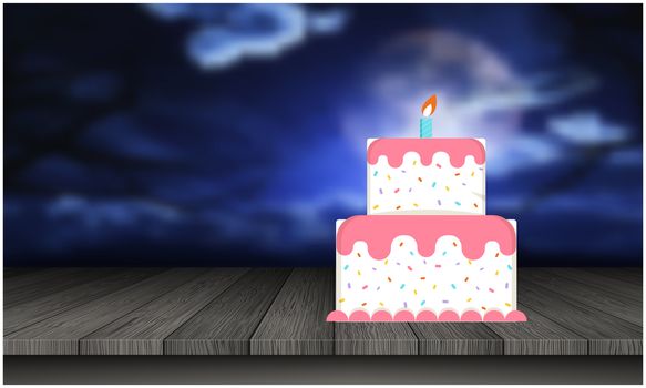 birthday cake is placed on the table at night