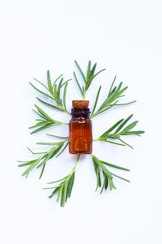 Fresh rosemary leaves with glass bottle on white background. Essential oil concept. Copy space