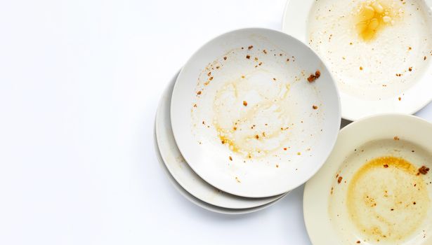 Dirty dishes on white background. Top view