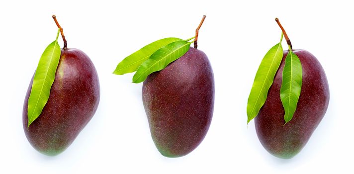 Mango, Tropical fruit with leaves on white background. Top view