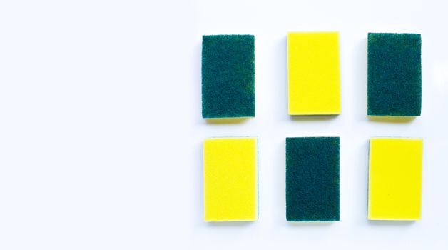 Scrub sponges on white background. Copy space, Top view