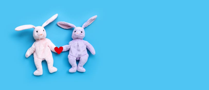Rabbit toy couple on blue background. Copy space