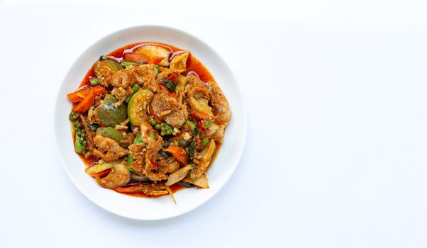 Thai food, Hot and spicy stir-fried pork with herbs