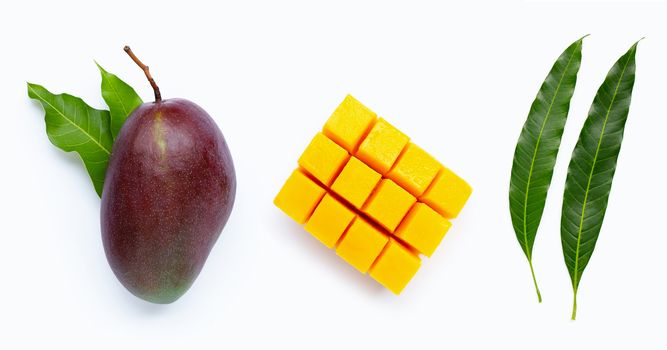 Mango, Tropical fruit with leaves on white background. Top view