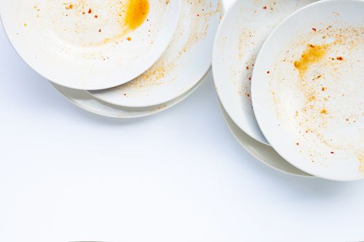 Dirty dishes on white background. Copy space